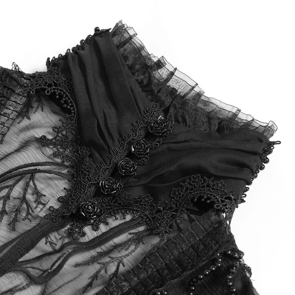 Black Gothic Lace Mesh Maxi Dress with Short Sleeves