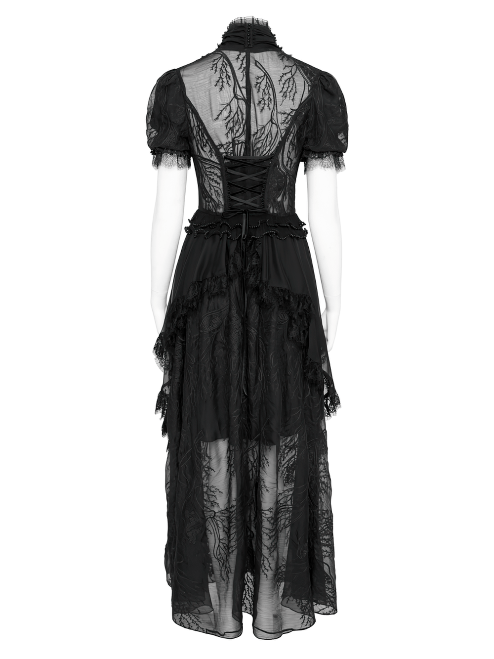 Black Gothic Lace Mesh Maxi Dress with Short Sleeves
