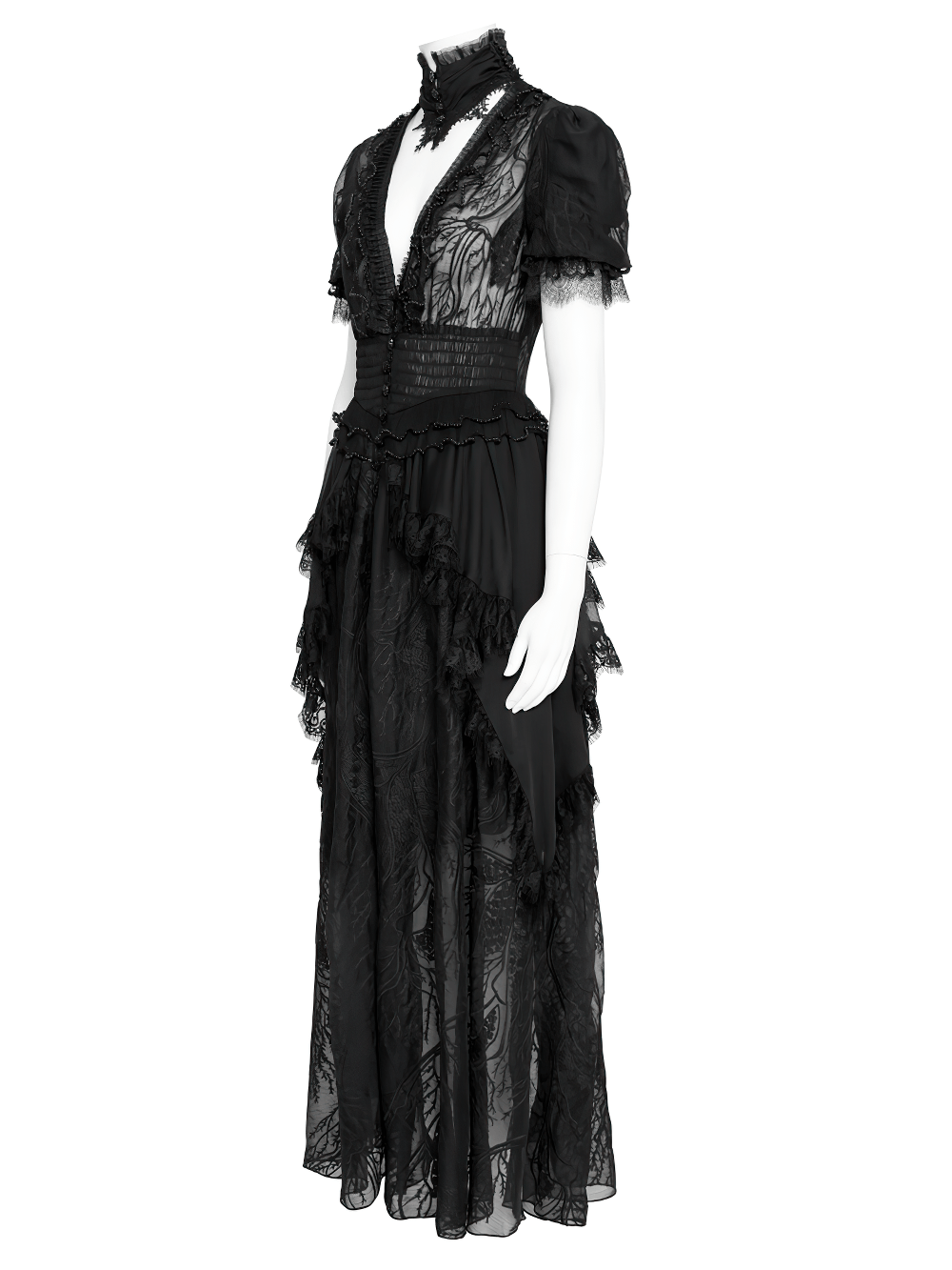 Black Gothic Lace Mesh Maxi Dress with Short Sleeves