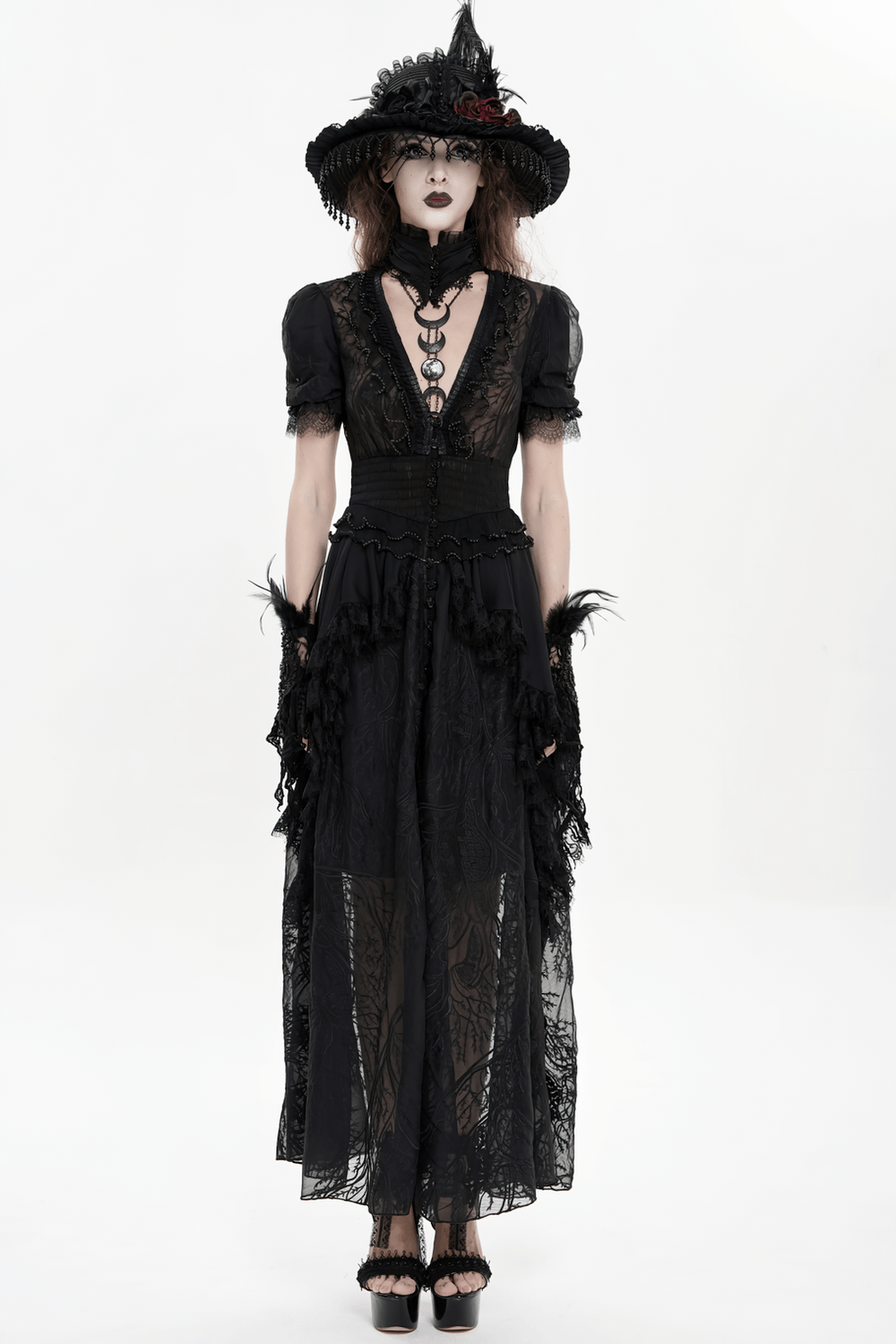 Black Gothic Lace Mesh Maxi Dress with Short Sleeves