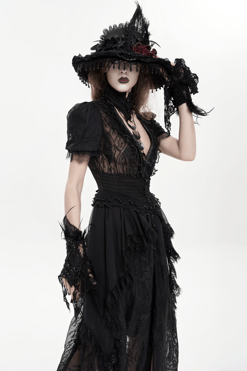 Black Gothic Lace Mesh Maxi Dress with Short Sleeves