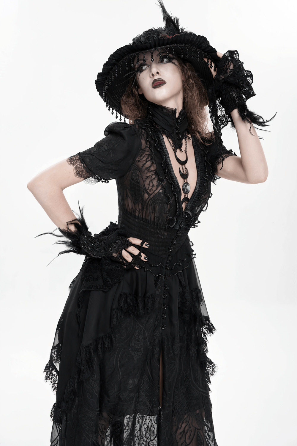 Black Gothic Lace Mesh Maxi Dress with Short Sleeves