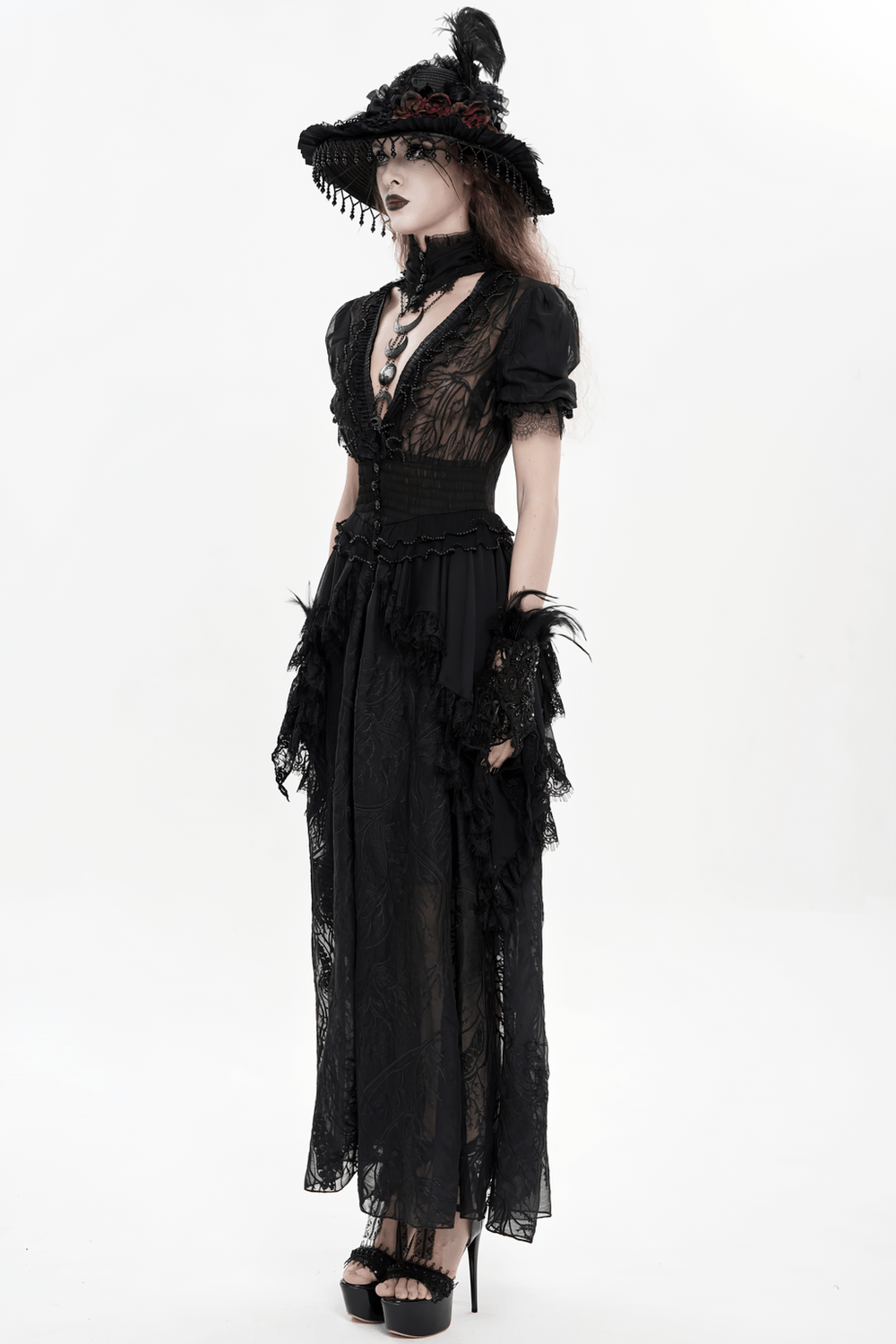 Black Gothic Lace Mesh Maxi Dress with Short Sleeves