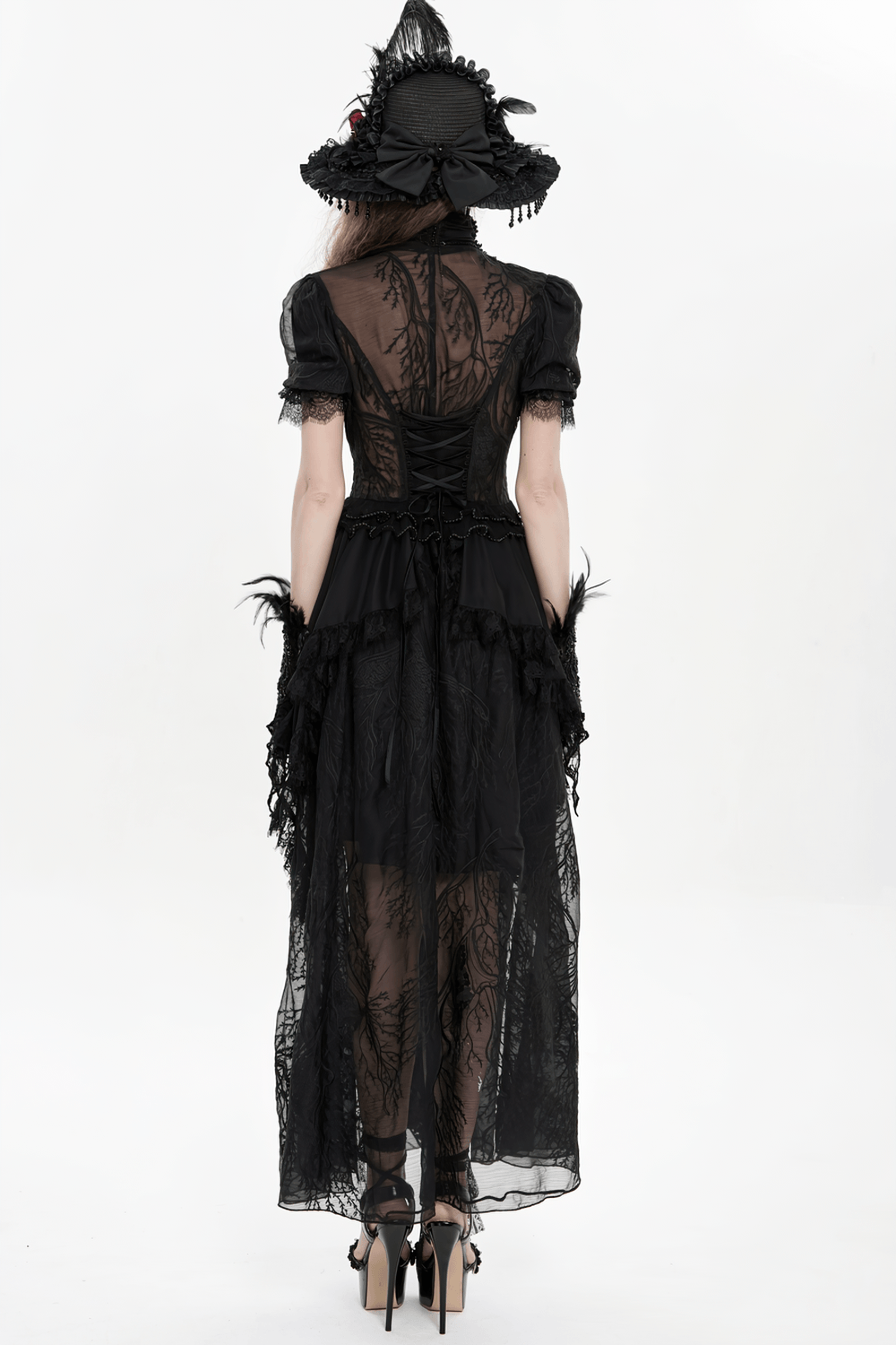 Black Gothic Lace Mesh Maxi Dress with Short Sleeves