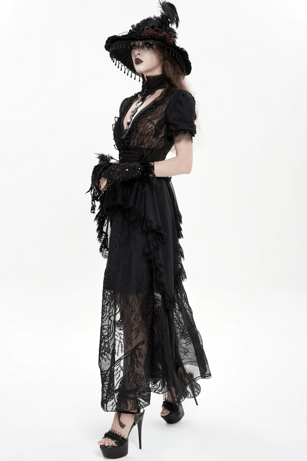 Black Gothic Lace Mesh Maxi Dress with Short Sleeves