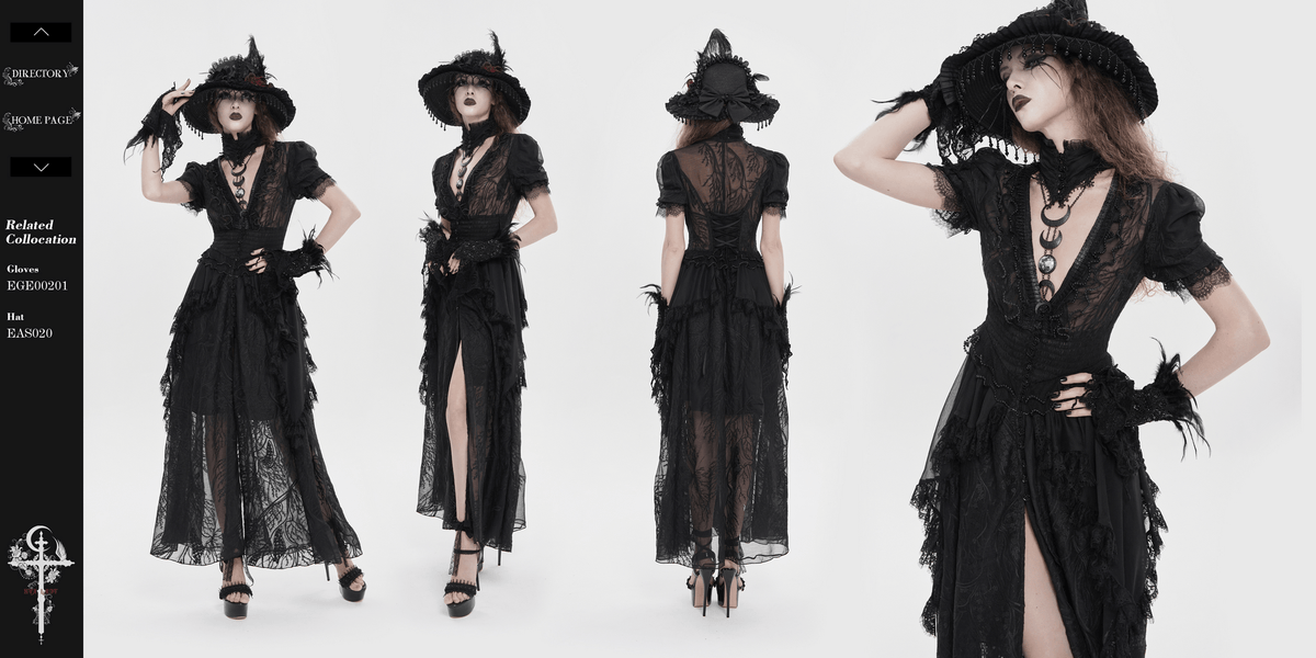 Black Gothic Lace Mesh Maxi Dress with Short Sleeves