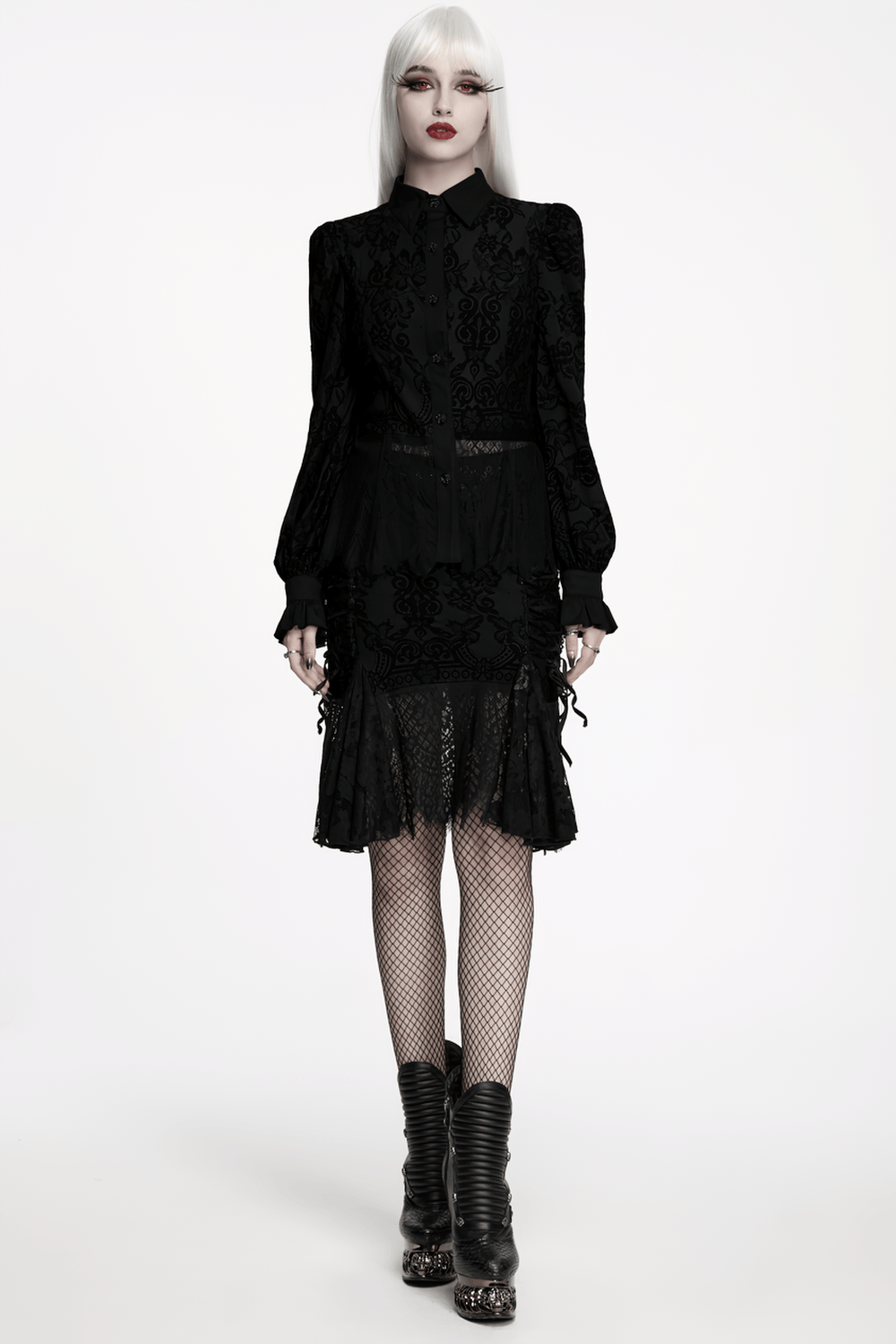 Black Gothic Lace Shirt with Corset Back and Ruffle Hem