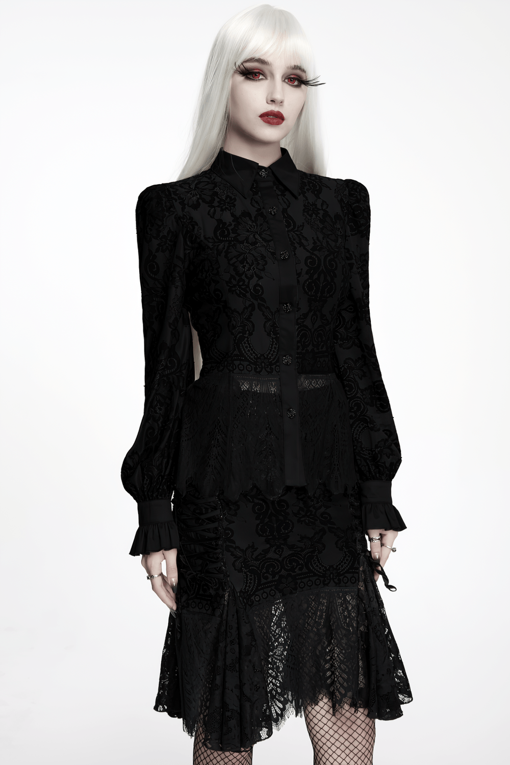 Black Gothic Lace Shirt with Corset Back and Ruffle Hem