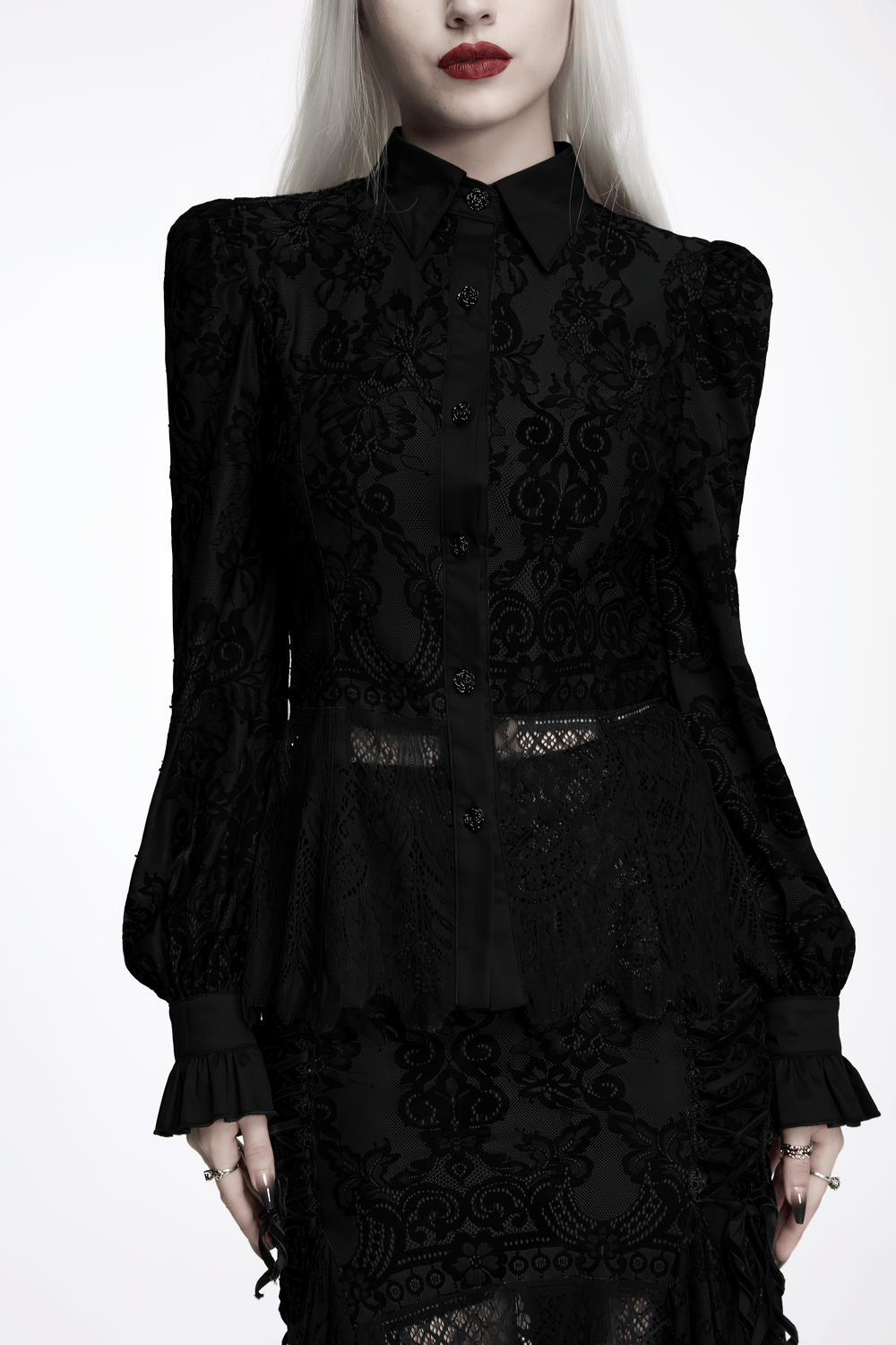 Black Gothic Lace Shirt with Corset Back and Ruffle Hem