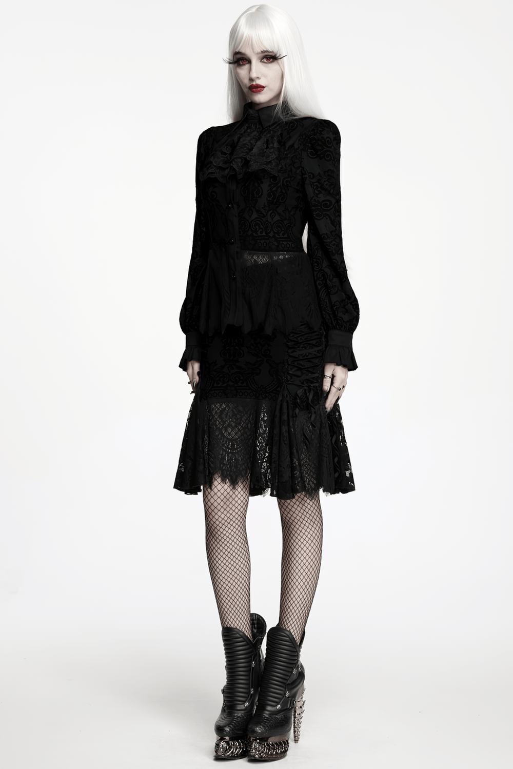 Black Gothic Lace Shirt with Corset Back and Ruffle Hem