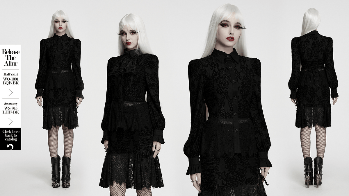 Black Gothic Lace Shirt with Corset Back and Ruffle Hem