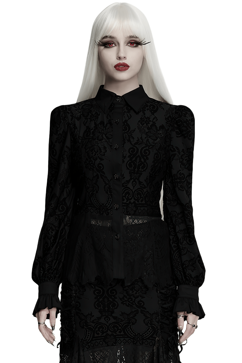 Black Gothic Lace Shirt with Corset Back and Ruffle Hem