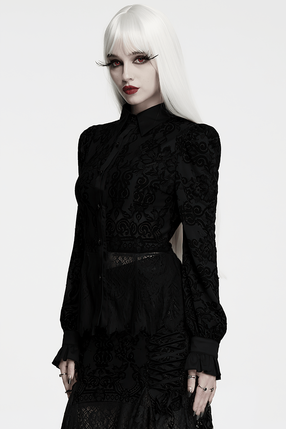 Black Gothic Lace Shirt with Corset Back and Ruffle Hem