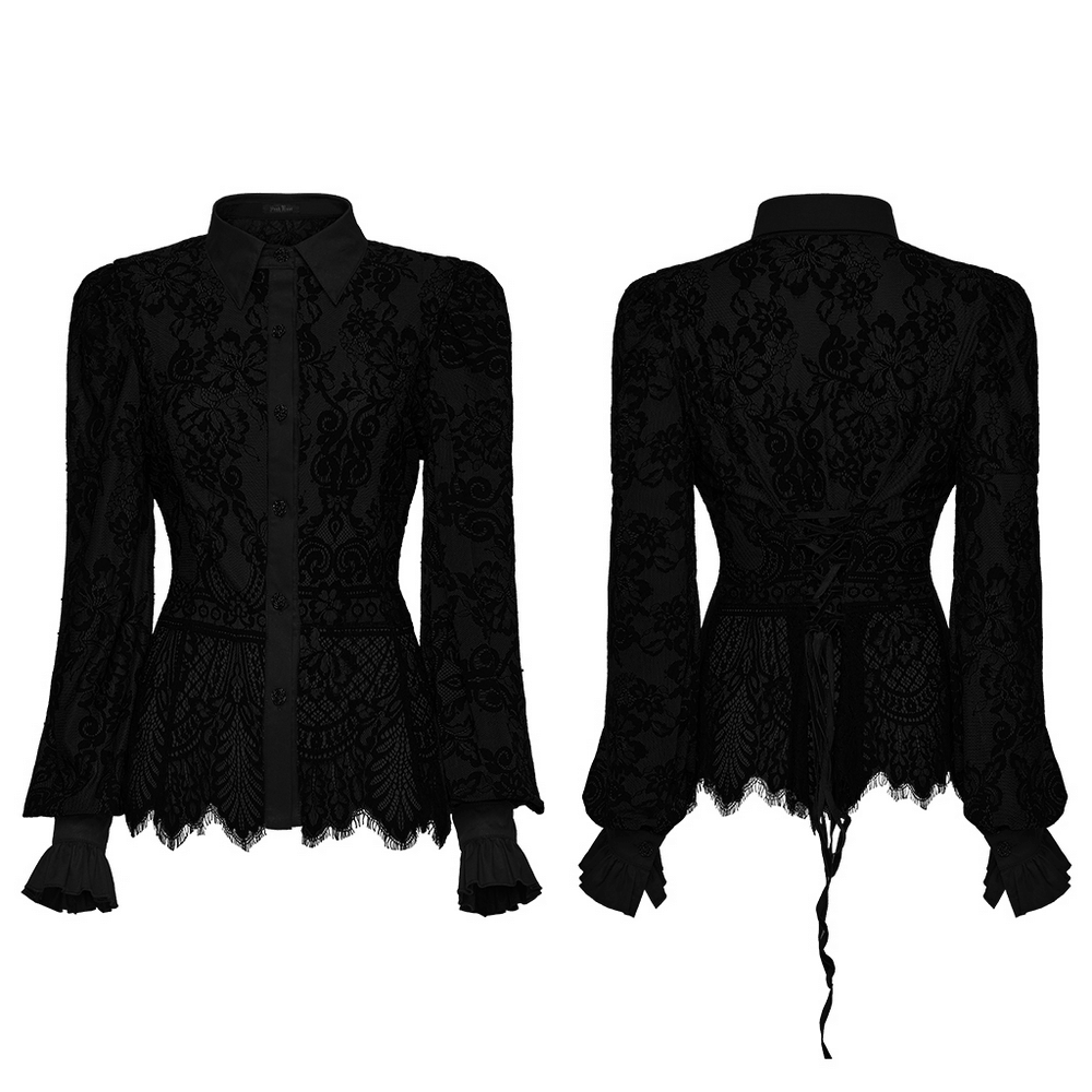 Black Gothic Lace Shirt with Corset Back and Ruffle Hem