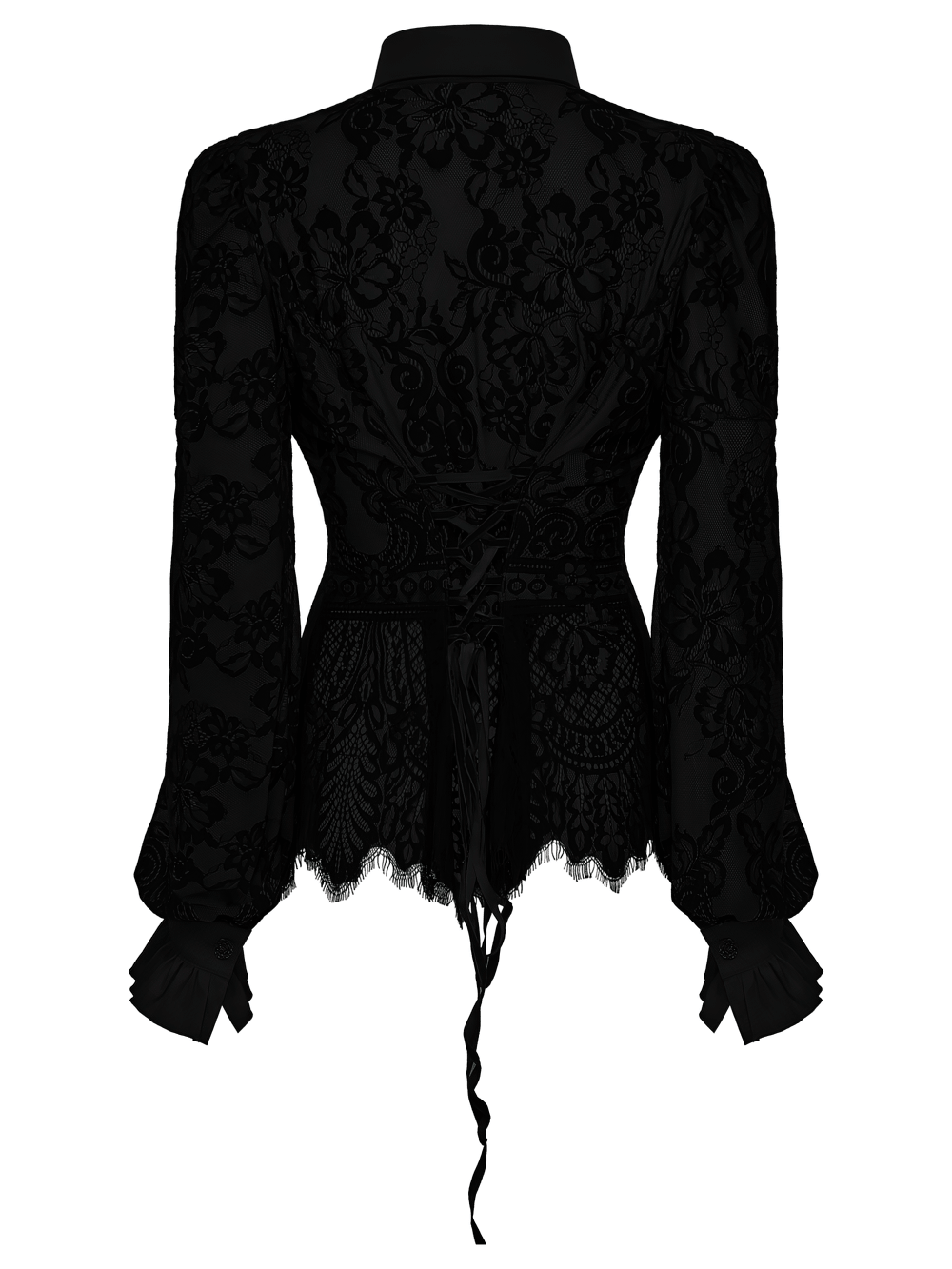 Black Gothic Lace Shirt with Corset Back and Ruffle Hem