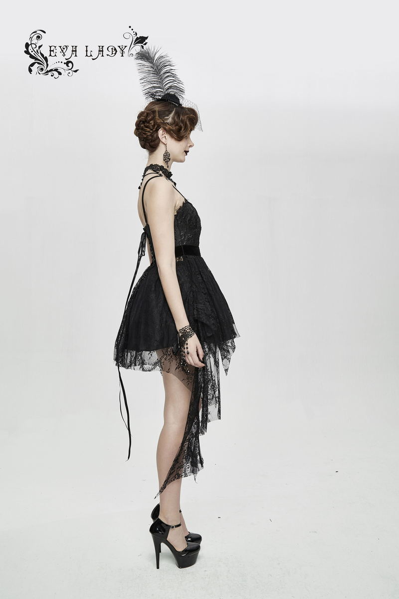 Black Gothic Lace Sleeveless Short Irregular Dress / Women's Black Dress With Red Beading