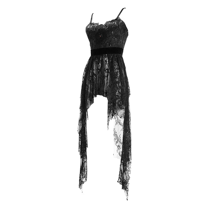 Black Gothic Lace Sleeveless Short Irregular Dress / Women's Black Dress With Red Beading