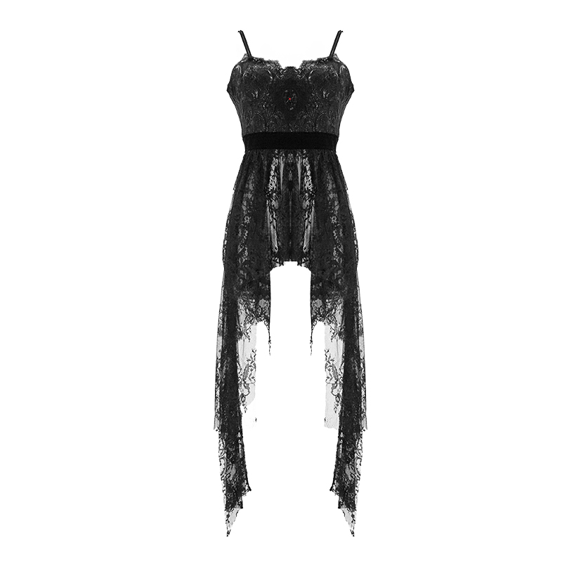 Black Gothic Lace Sleeveless Short Irregular Dress / Women's Black Dress With Red Beading
