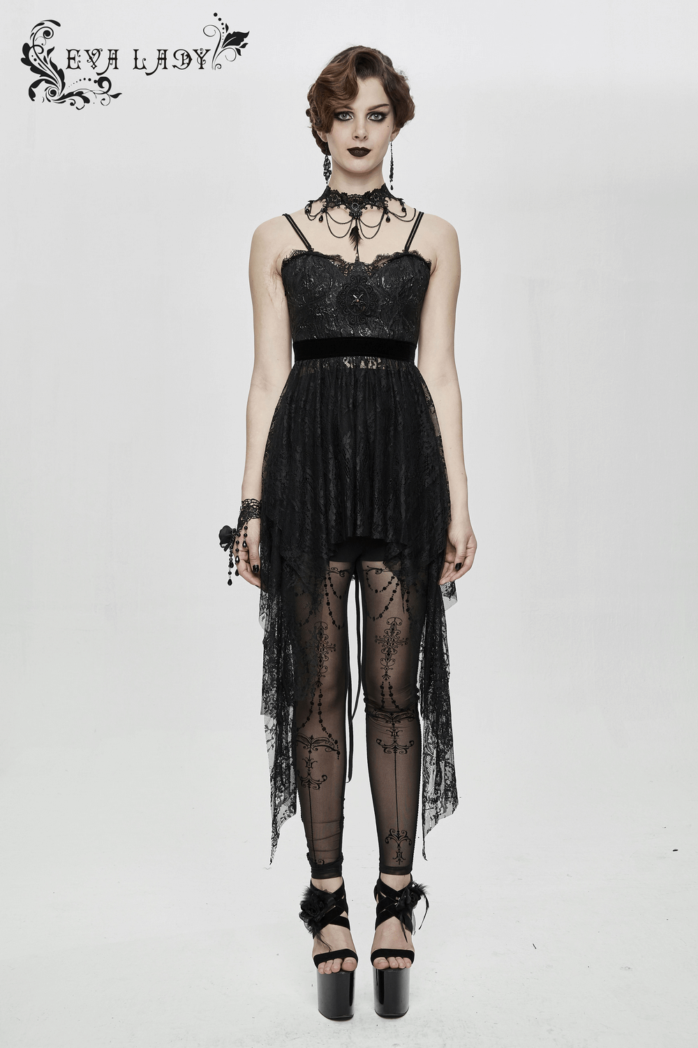 Black Gothic Lace Sleeveless Short Irregular Dress / Women's Black Dress With Red Beading