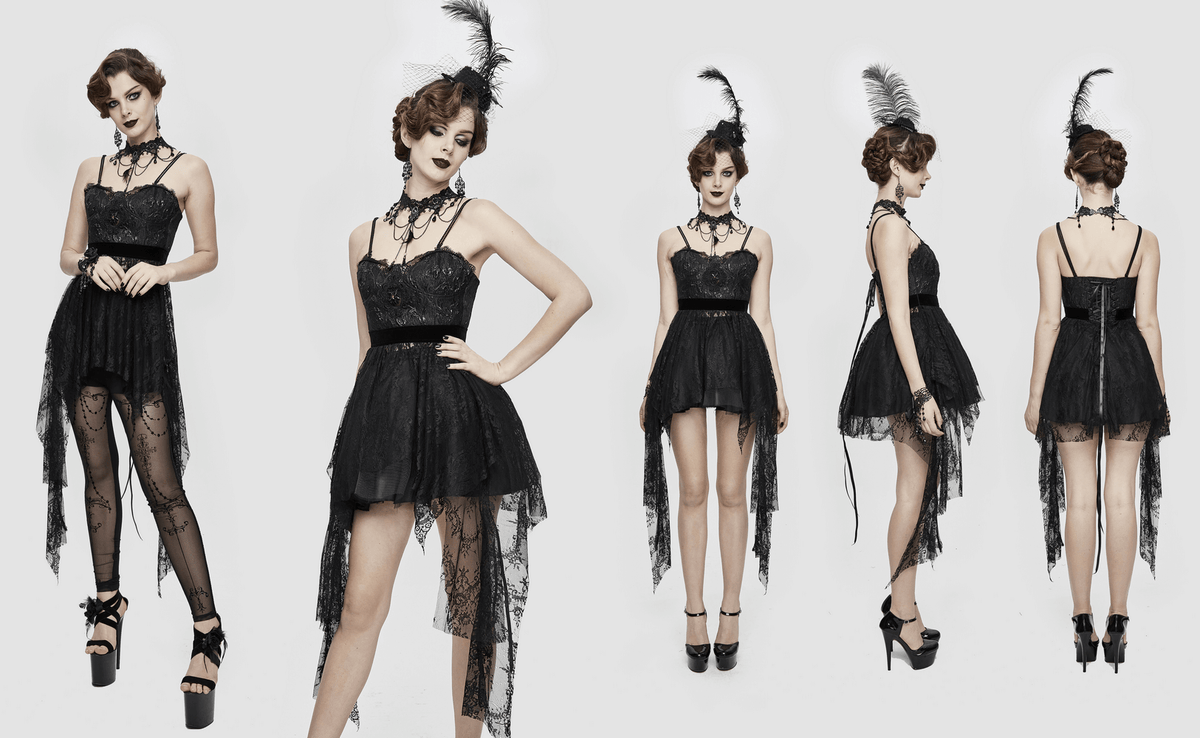 Black Gothic Lace Sleeveless Short Irregular Dress / Women's Black Dress With Red Beading