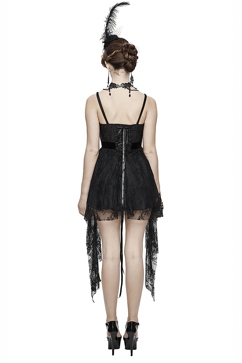 Black Gothic Lace Sleeveless Short Irregular Dress / Women's Black Dress With Red Beading