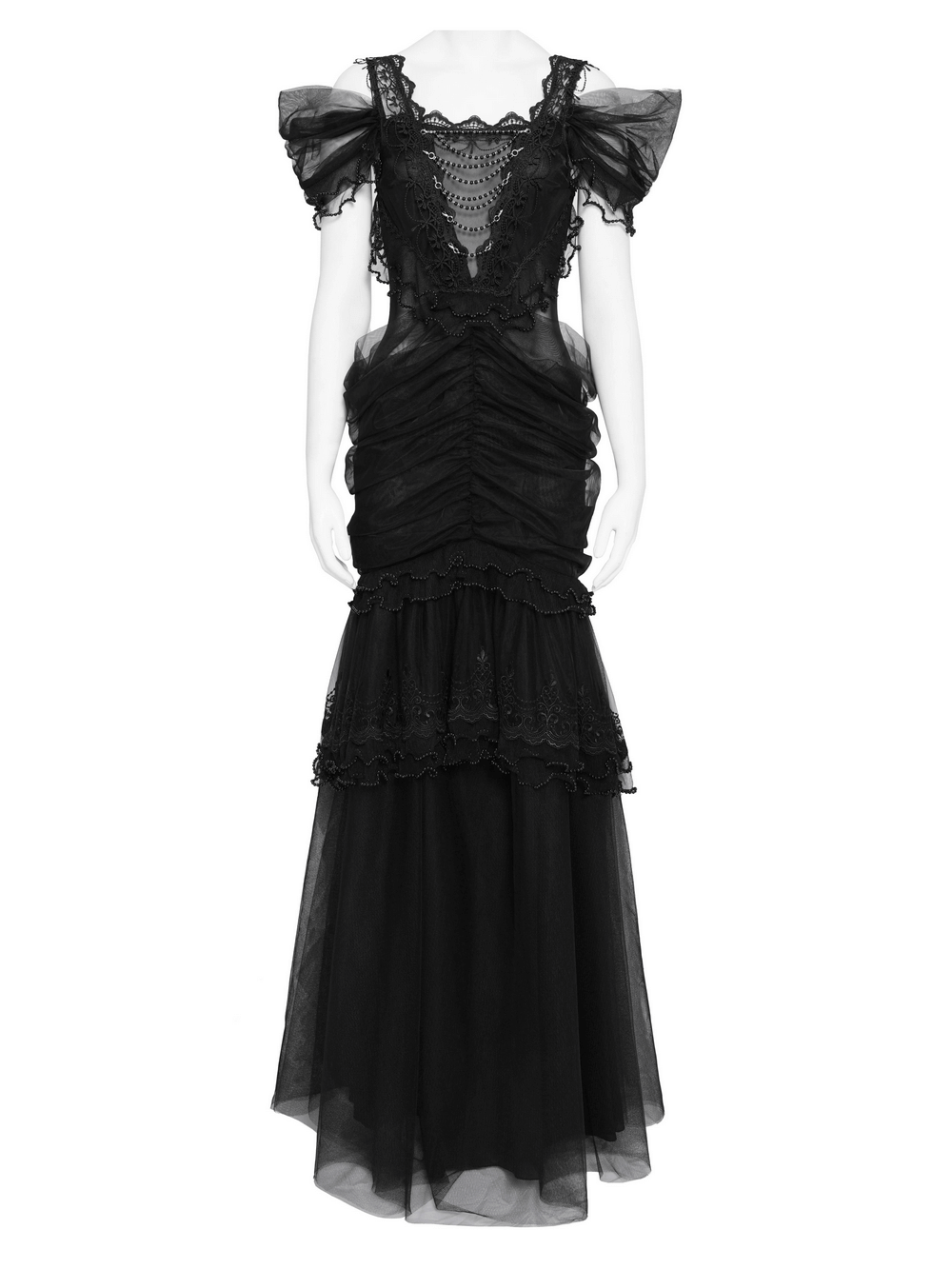 Black Gothic Lace-Up Dress with Ruffled Tulle and Roses