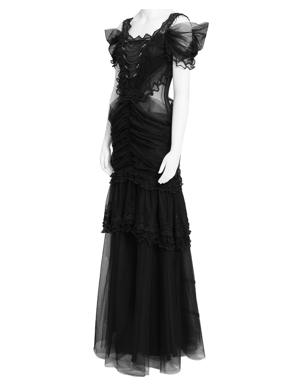Black Gothic Lace-Up Dress with Ruffled Tulle and Roses