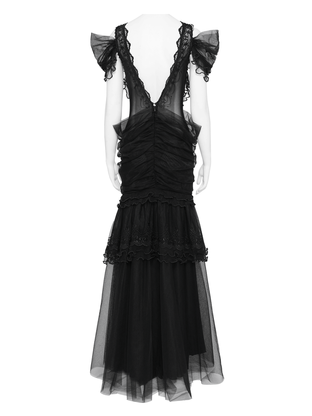 Black Gothic Lace-Up Dress with Ruffled Tulle and Roses