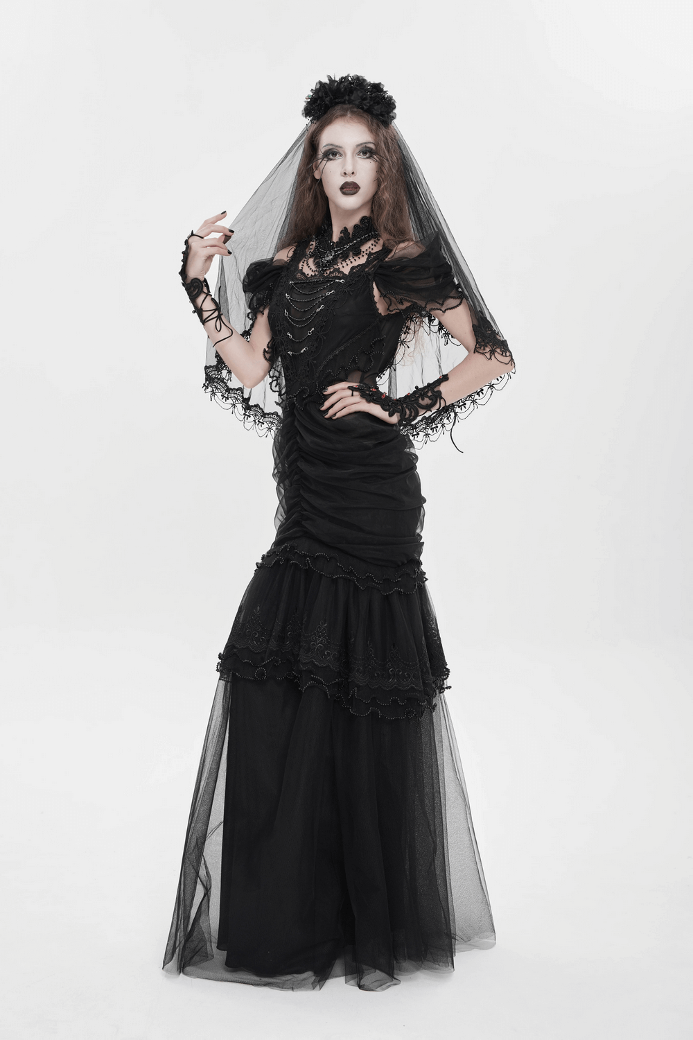 Black Gothic Lace-Up Dress with Ruffled Tulle and Roses