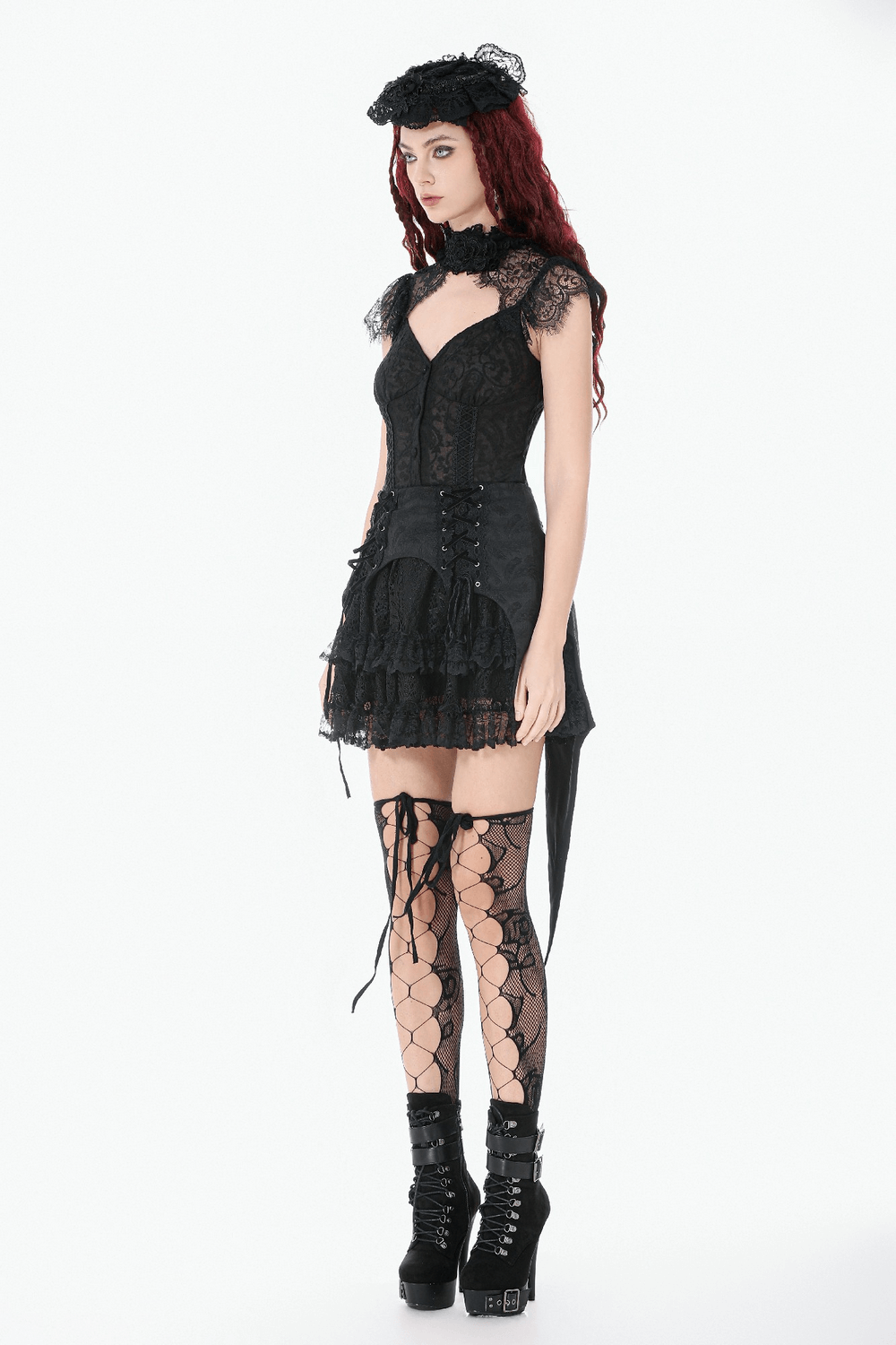 Black Gothic Lace-Up Layered High Low Bustle Skirt