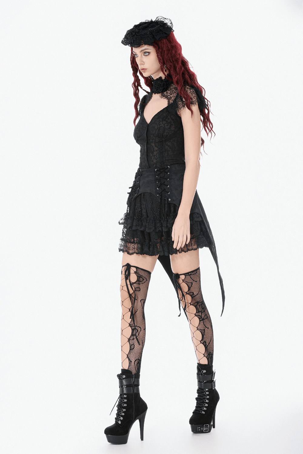 Black Gothic Lace-Up Layered High Low Bustle Skirt
