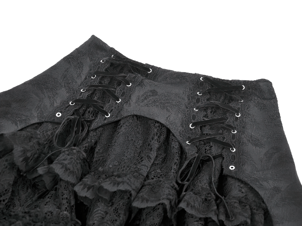 Black Gothic Lace-Up Layered High Low Bustle Skirt