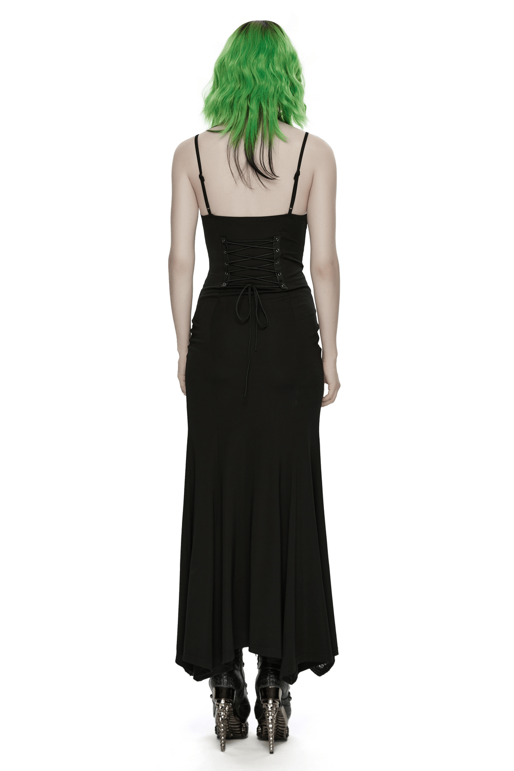 Black Gothic Lace-Up Mermaid Fishnet Maxi Dress