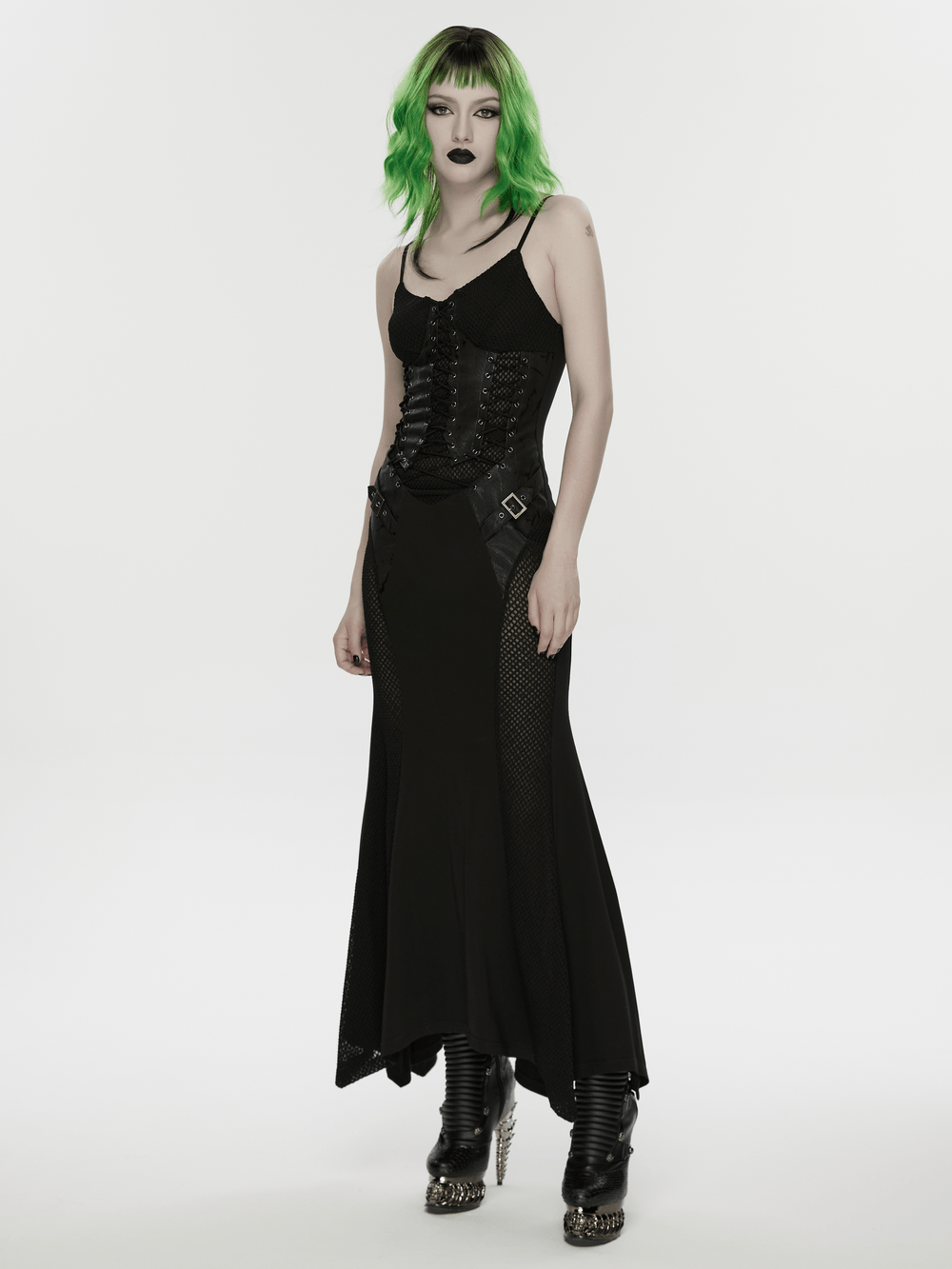 Black Gothic Lace-Up Mermaid Fishnet Maxi Dress