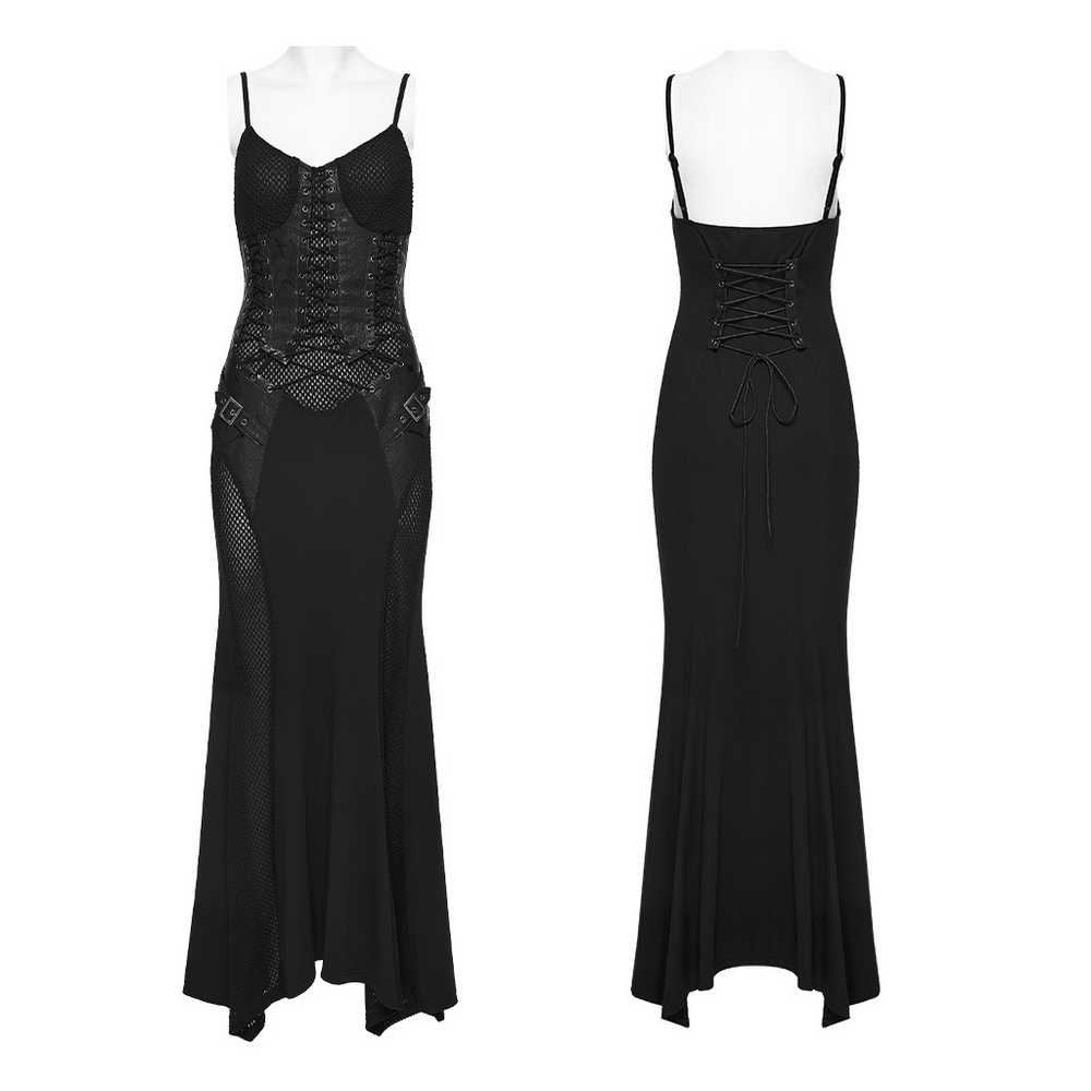 Black Gothic Lace-Up Mermaid Fishnet Maxi Dress