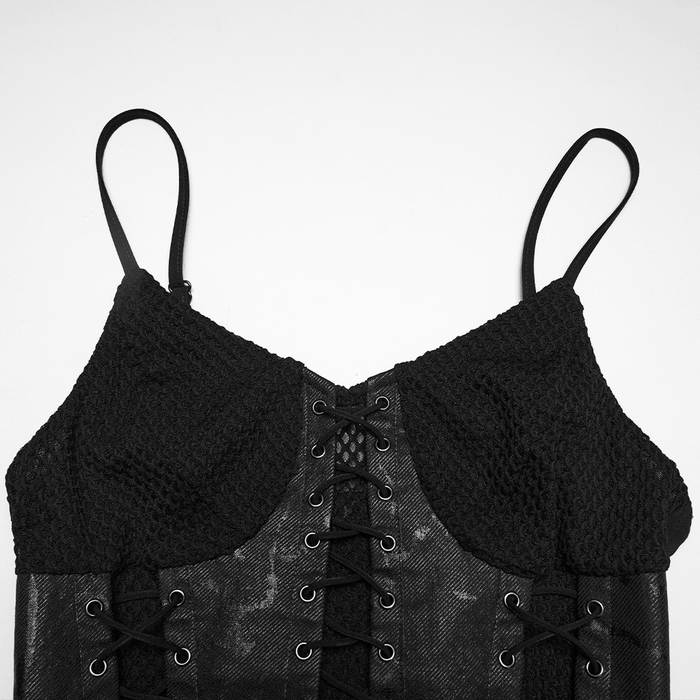 Black Gothic Lace-Up Mermaid Fishnet Maxi Dress