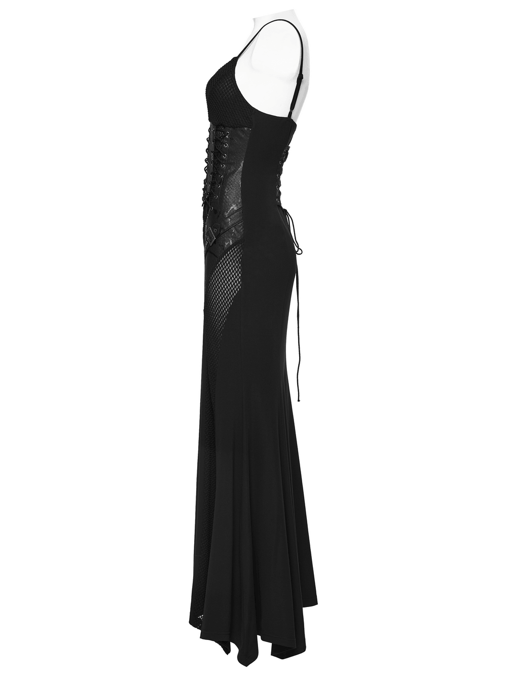 Black Gothic Lace-Up Mermaid Fishnet Maxi Dress