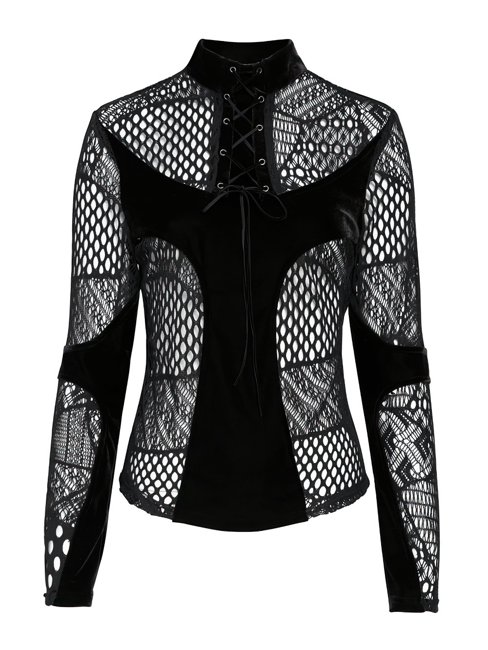 Black Gothic Lace-Up Mesh Top with Velvet Panels