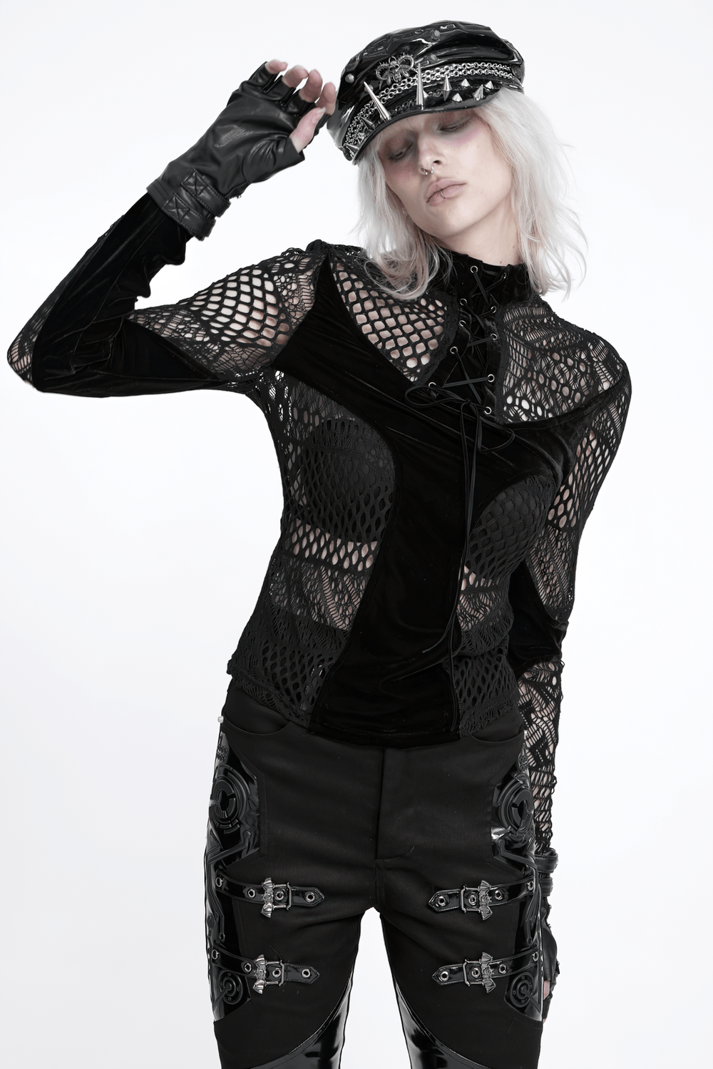 Black Gothic Lace-Up Mesh Top with Velvet Panels