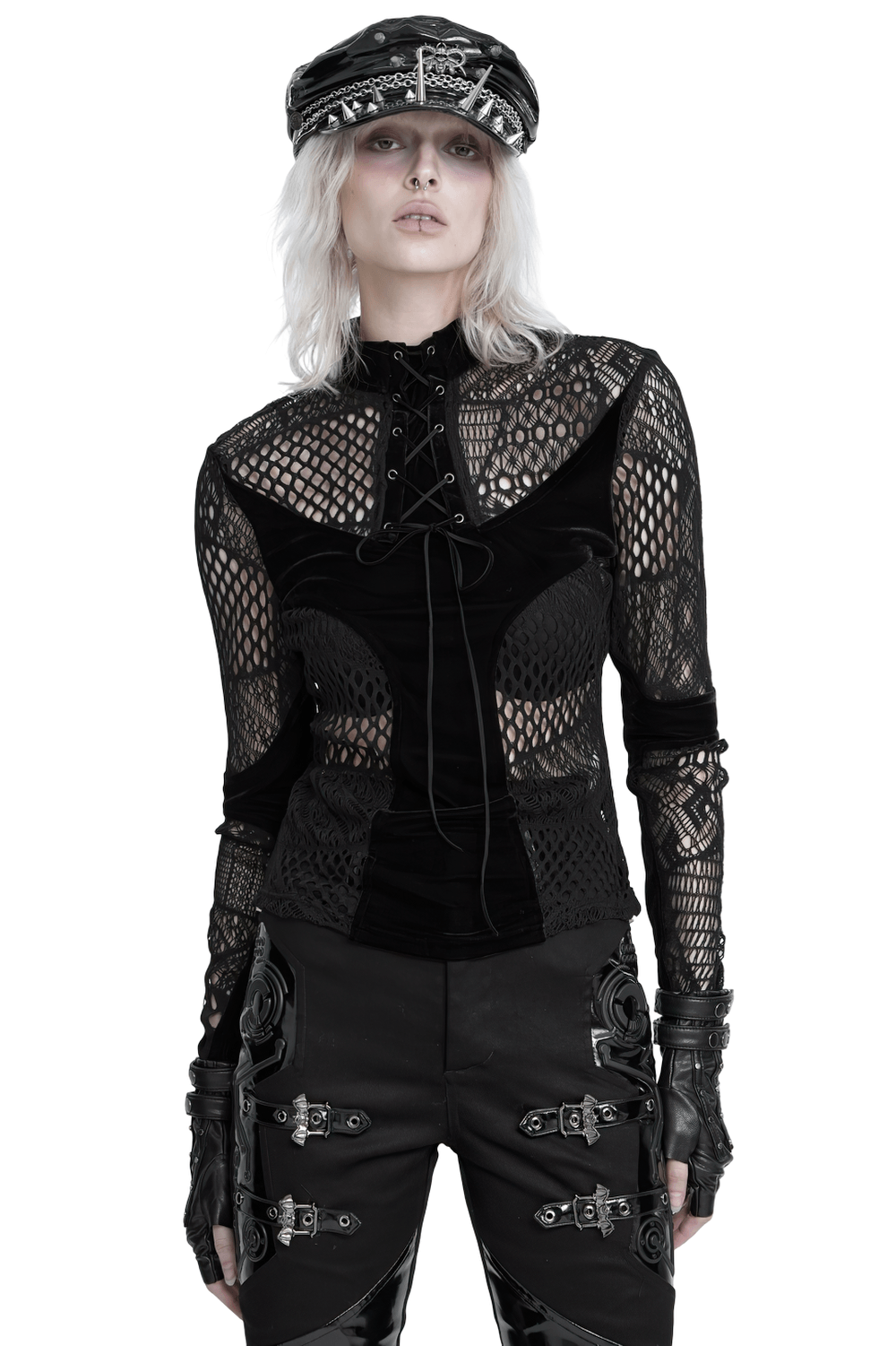 Black Gothic Lace-Up Mesh Top with Velvet Panels