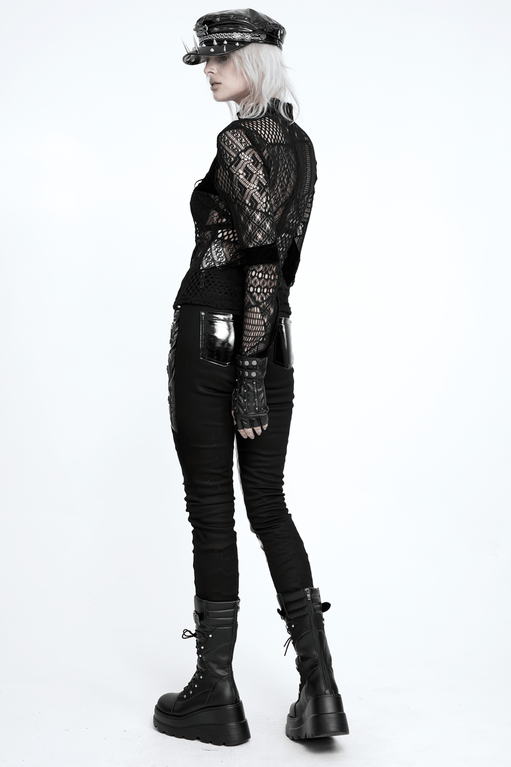 Black Gothic Lace-Up Mesh Top with Velvet Panels