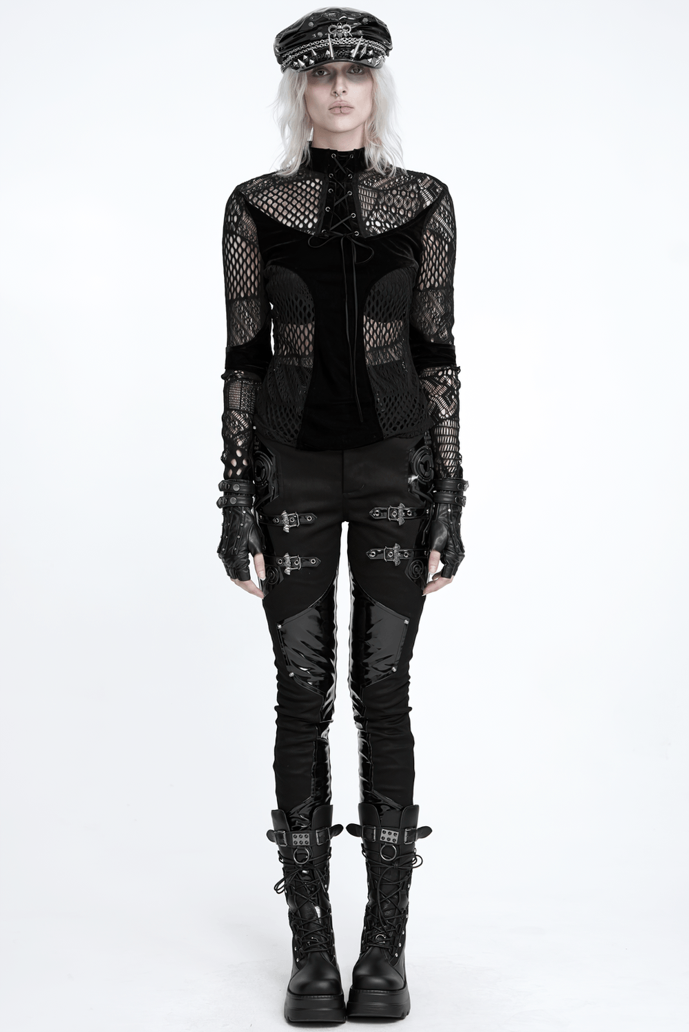 Black Gothic Lace-Up Mesh Top with Velvet Panels