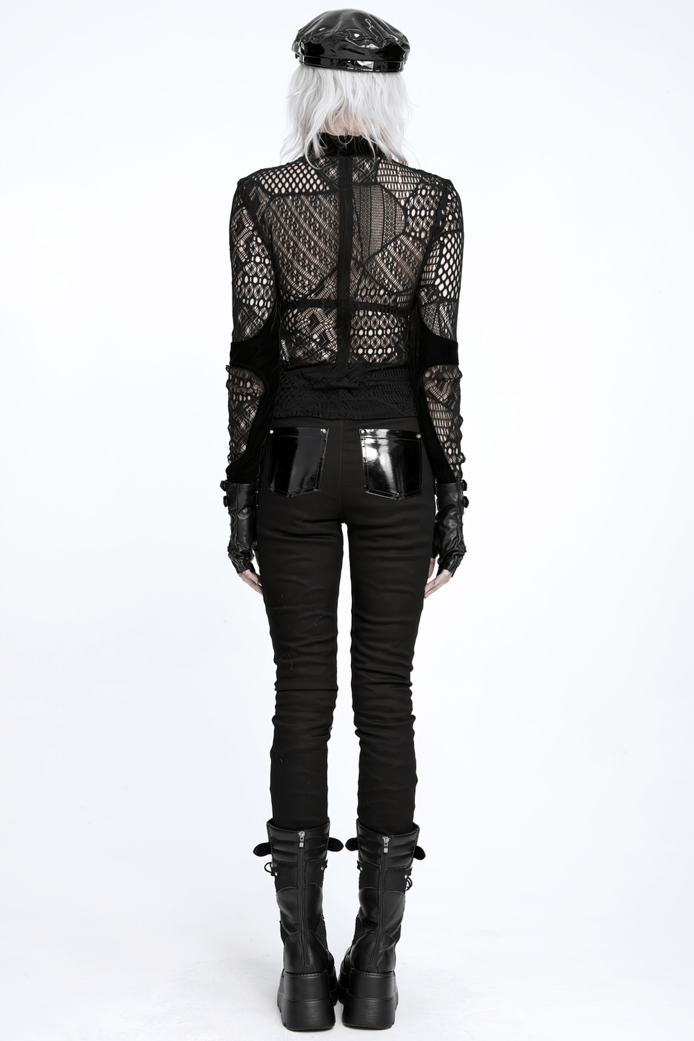 Black Gothic Lace-Up Mesh Top with Velvet Panels