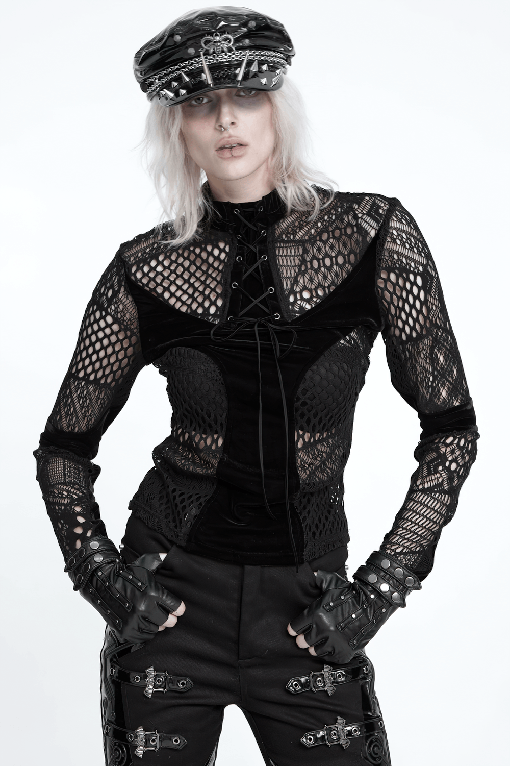 Black Gothic Lace-Up Mesh Top with Velvet Panels