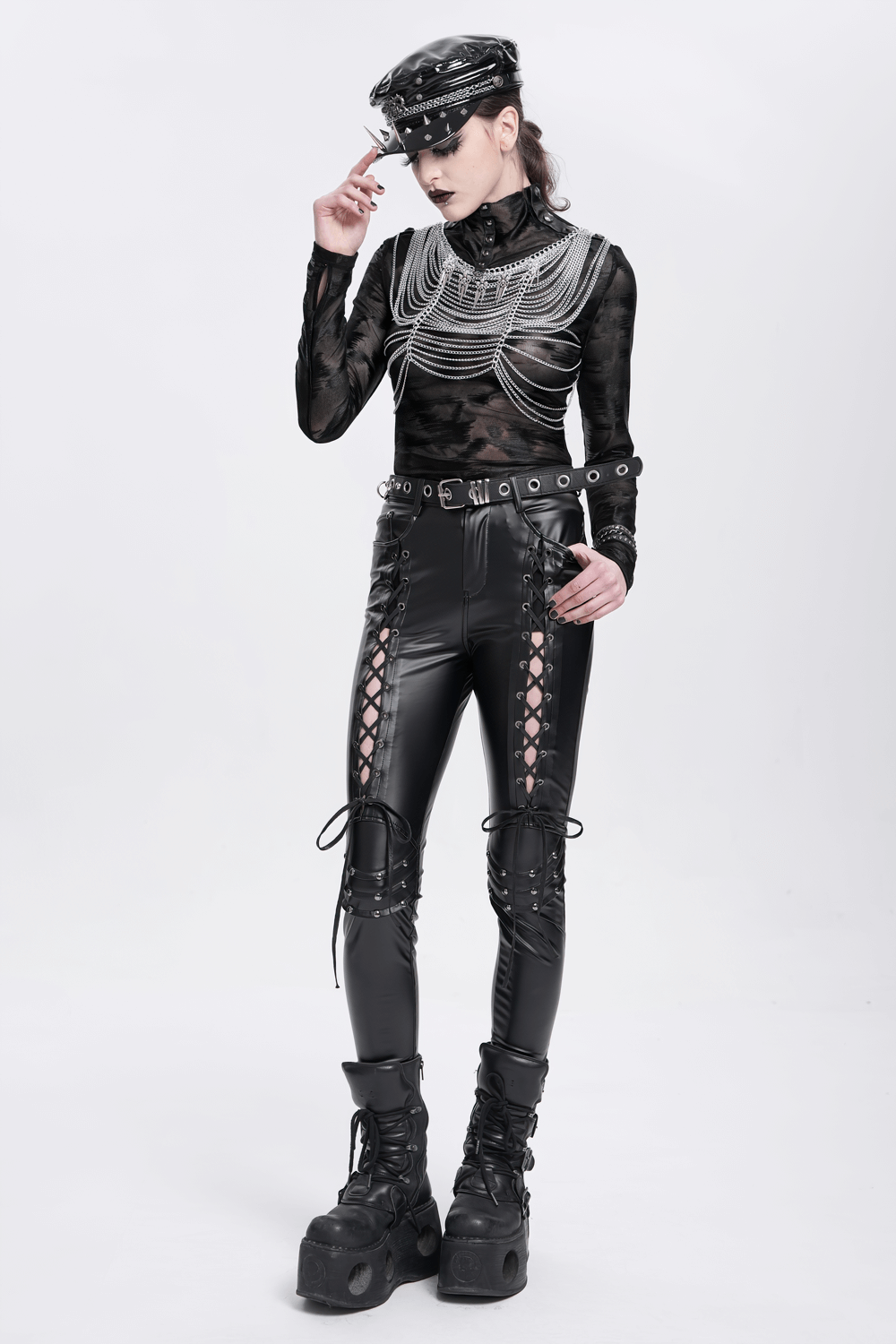 Black Gothic Lace-Up Pants with Grommet Details and Ties