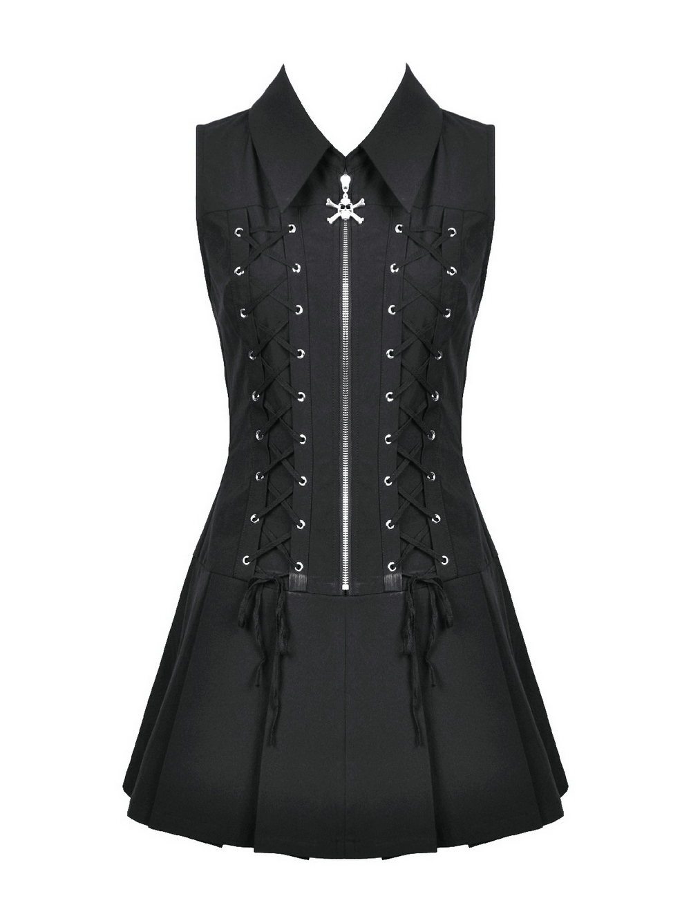 Black Gothic Lace Up Zip Front Pleated Mini Dress