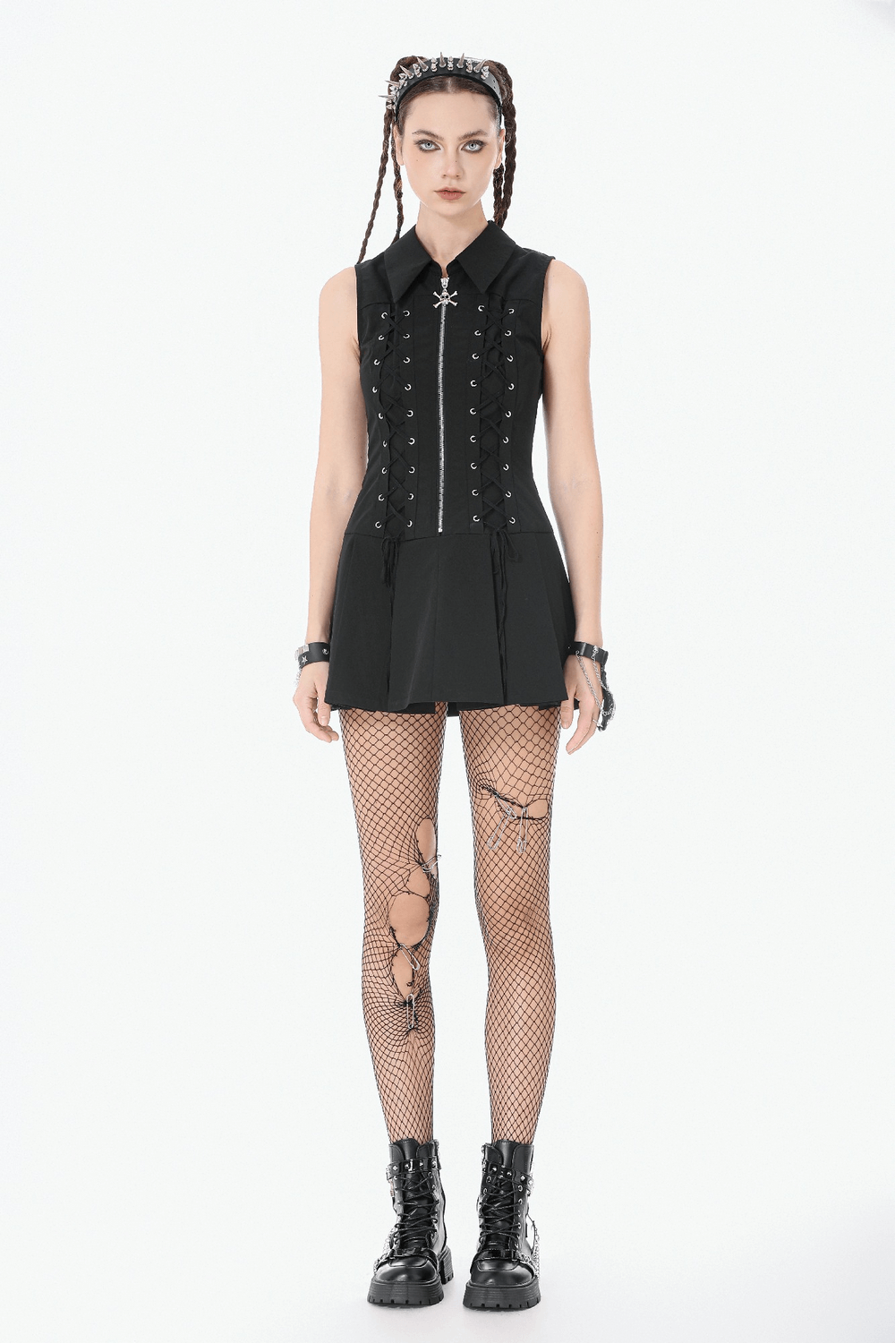Black Gothic Lace Up Zip Front Pleated Mini Dress
