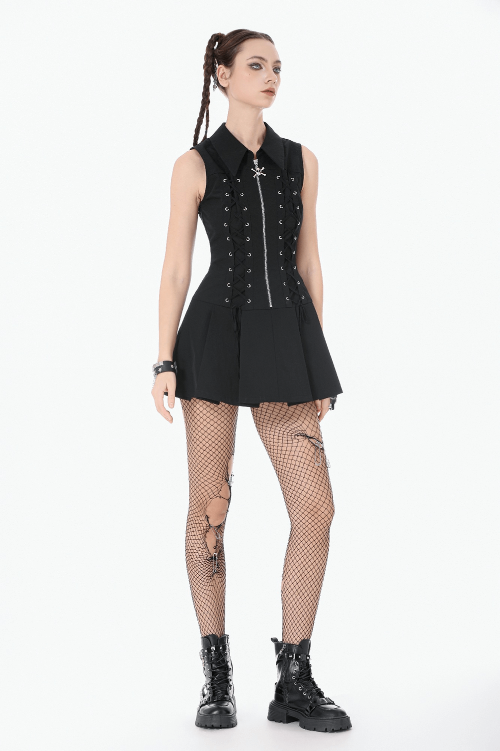 Black Gothic Lace Up Zip Front Pleated Mini Dress