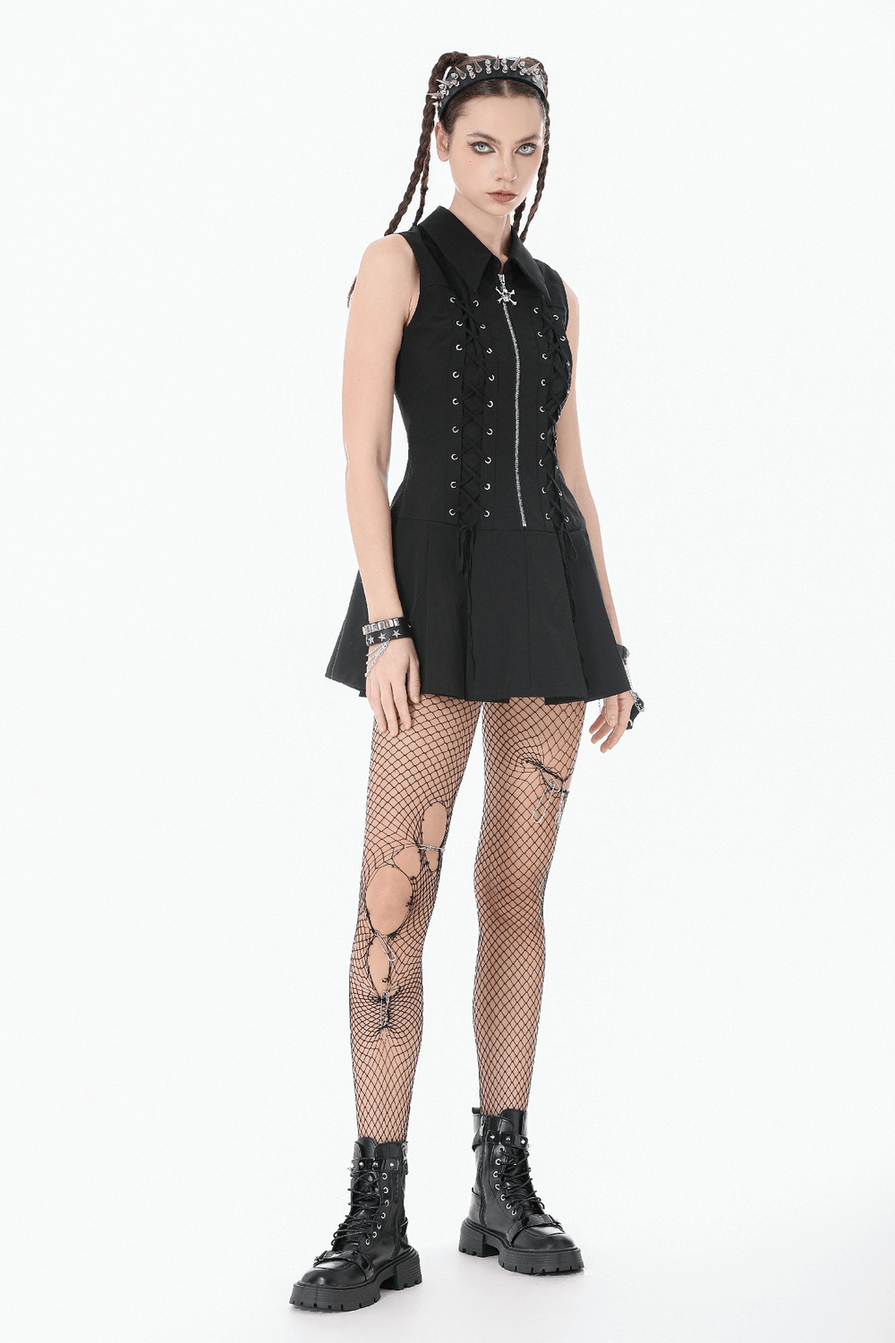 Black Gothic Lace Up Zip Front Pleated Mini Dress
