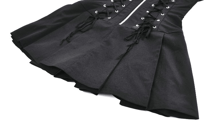 Black Gothic Lace Up Zip Front Pleated Mini Dress